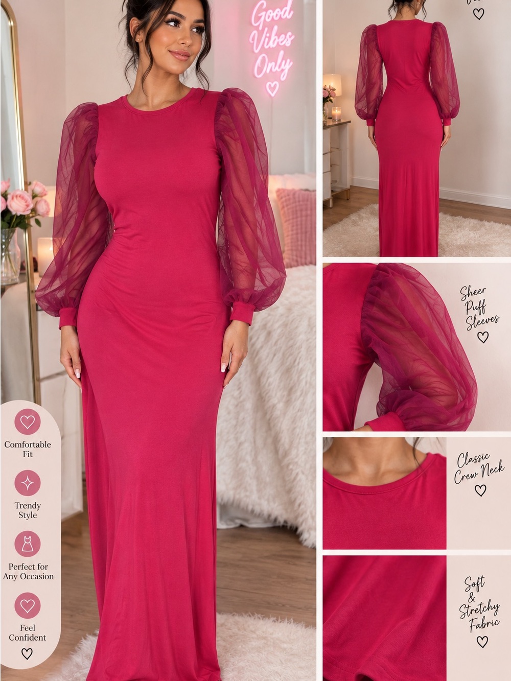 Elegant Fuchsia Long Dress with Sheer Puff Sleeves
